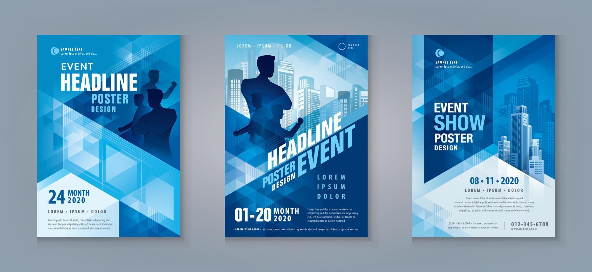 Business Flyer Poster Design Set. Abstract Blue Geometric Triangle Layout Template, vector