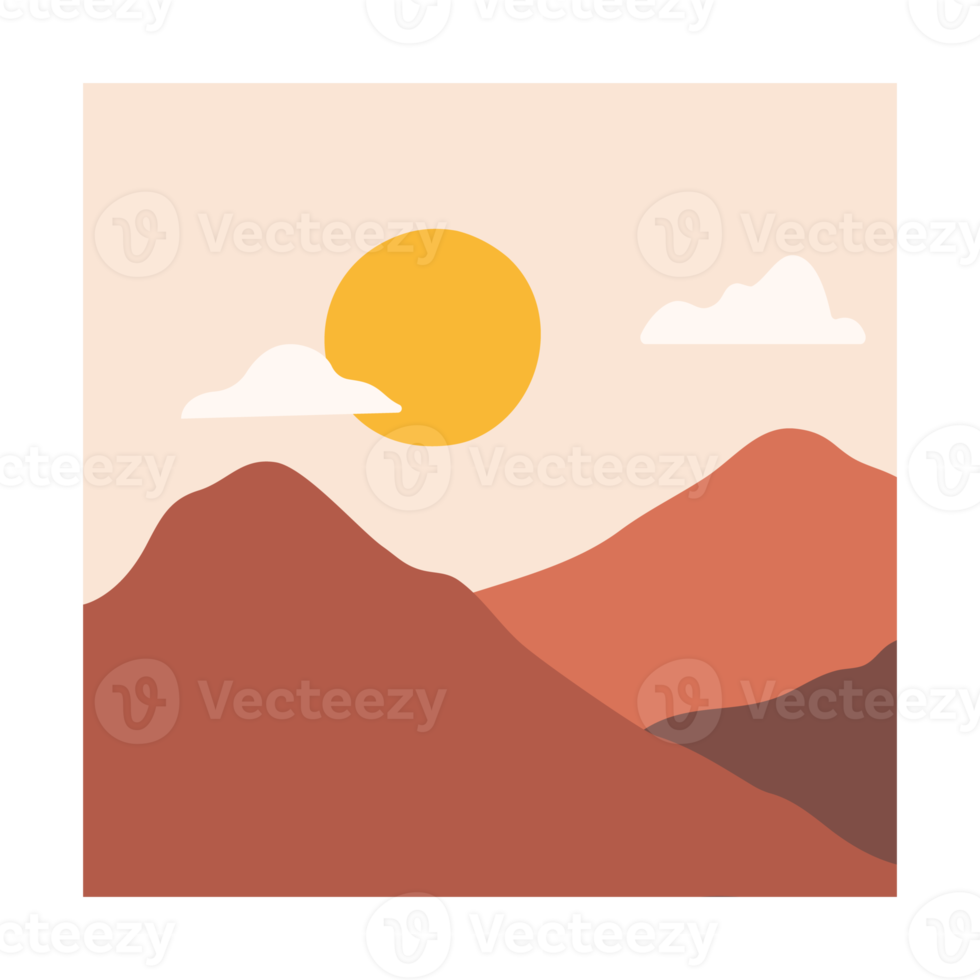 överlappande bergslandskapsbakgrund med solen väggkonst png