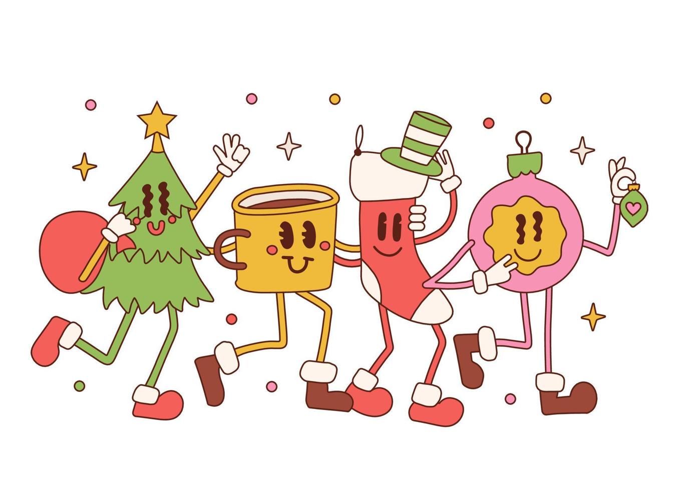 colección retro de navidad de personajes de mascota de dibujos animados de los años 30. árbol de navidad, calcetín, taza y adorno. 50s, 60s antiguo estilo de cara de animación. Ilustración de vector de feliz Navidad cómico maravilloso vintage.