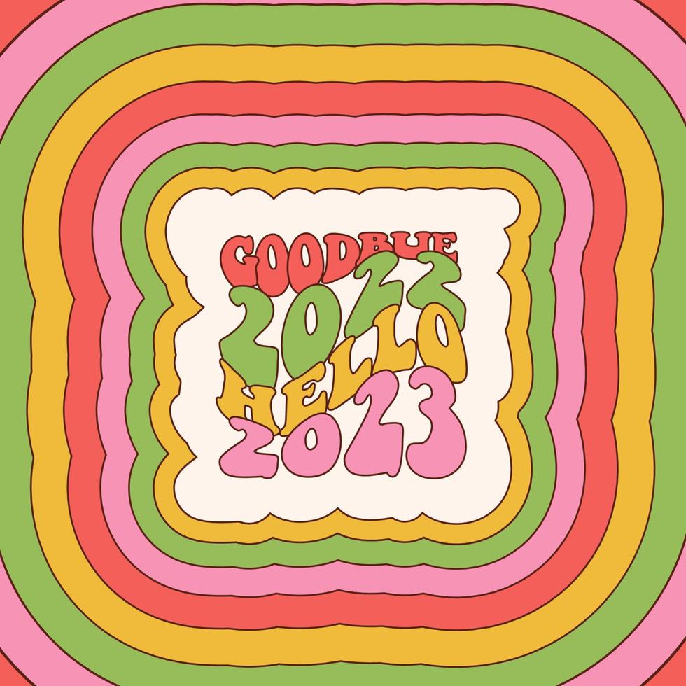 adiós 2022 hola 2023 - maravillosa tarjeta de felicitación cuadrada. diseño tipográfico abstracto para camiseta, feliz navidad feliz año nuevo 2023 camiseta divertida, camiseta de fiesta familiar. retro ilustración vectorial. vector