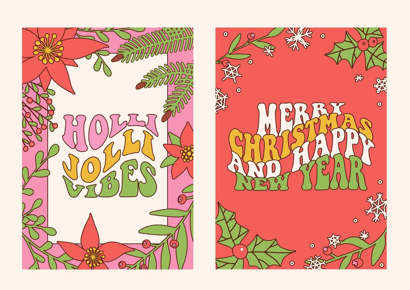 Merry Christmas and Happy New year retro groovy greetings cards set. Floral winter trendy retro cartoon style elements decor. Poster templates, party invitations. Contour vector illustration.