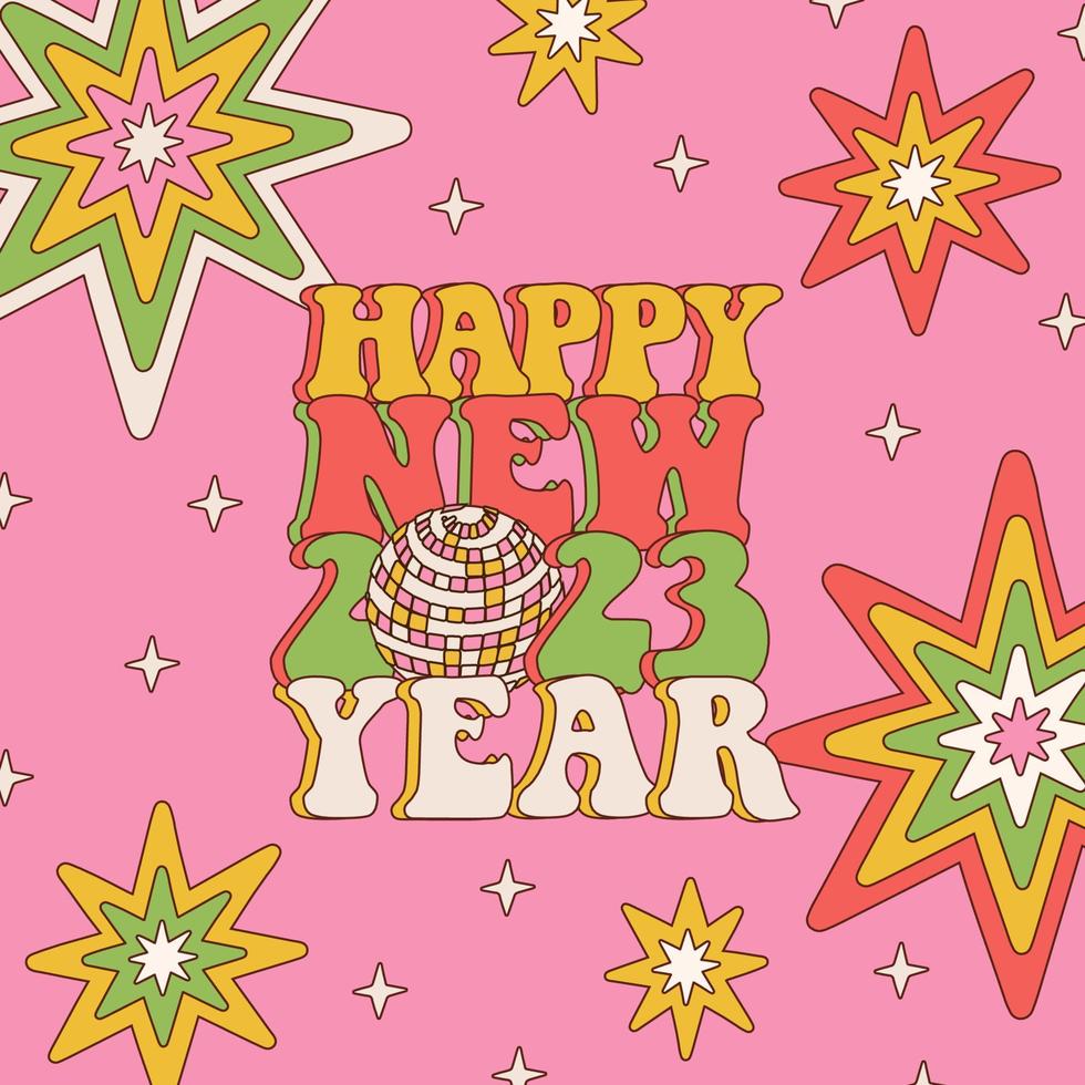 Happy New 2023 Year - groovy typography lettering card with retro disco ball, sparkler and stars on retro pink background. Colorful vintage 70s greeting card, sticker, banner. Vector illustration.