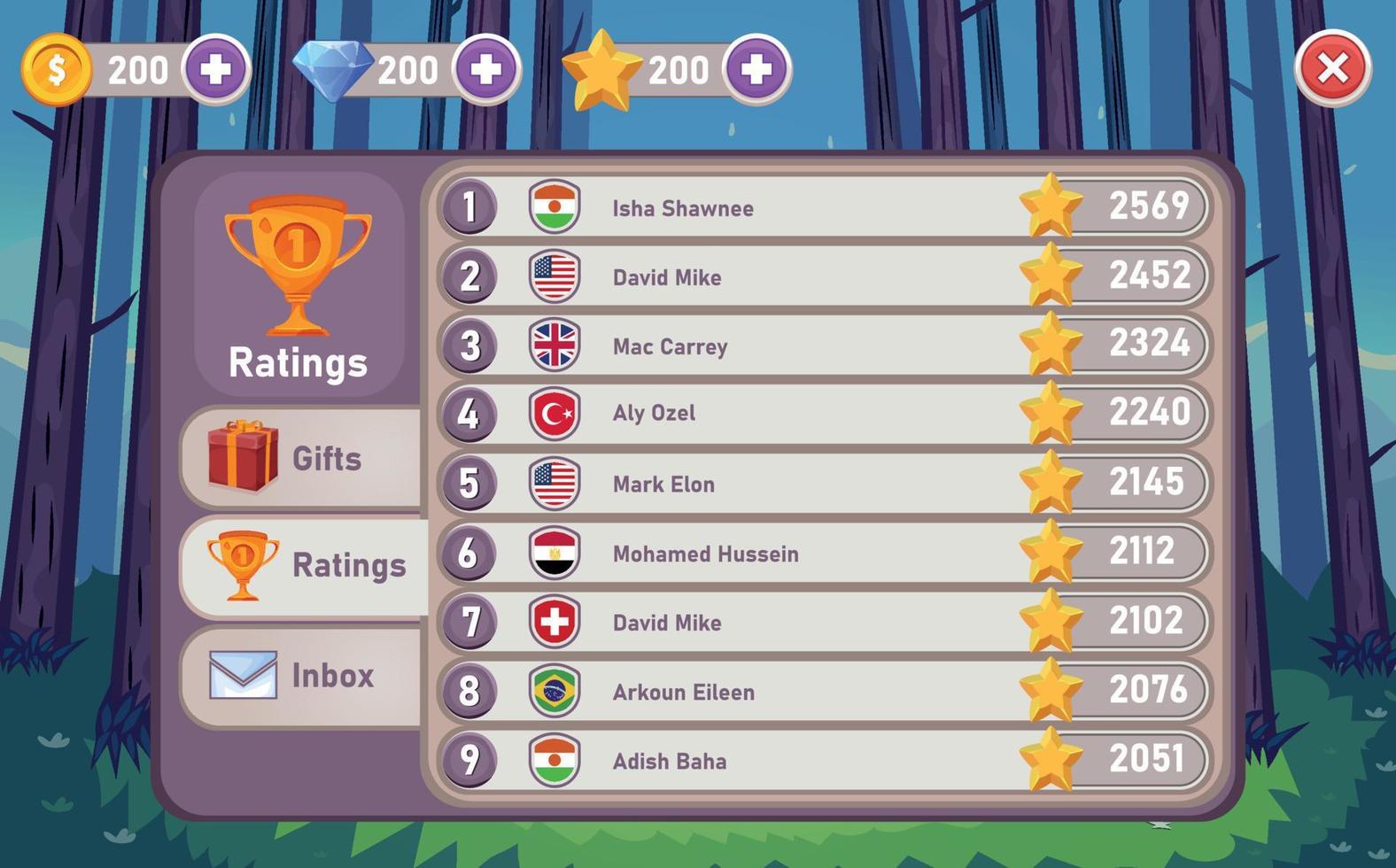 Rating list in the mobile game , user interface ui - ux vector