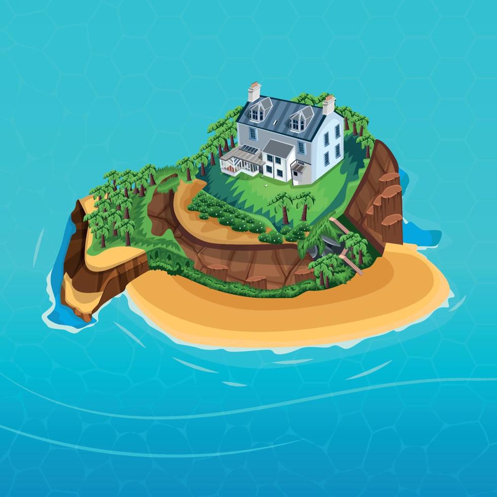 An isolated island in the middle of the ocean , Beautiful house on the island vector