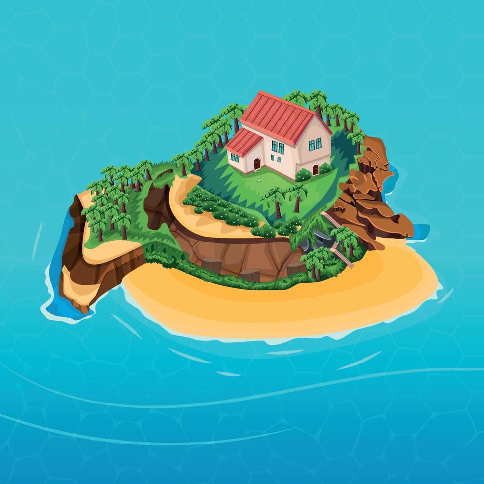 An isolated island in the middle of the ocean , Beautiful house on the island vector