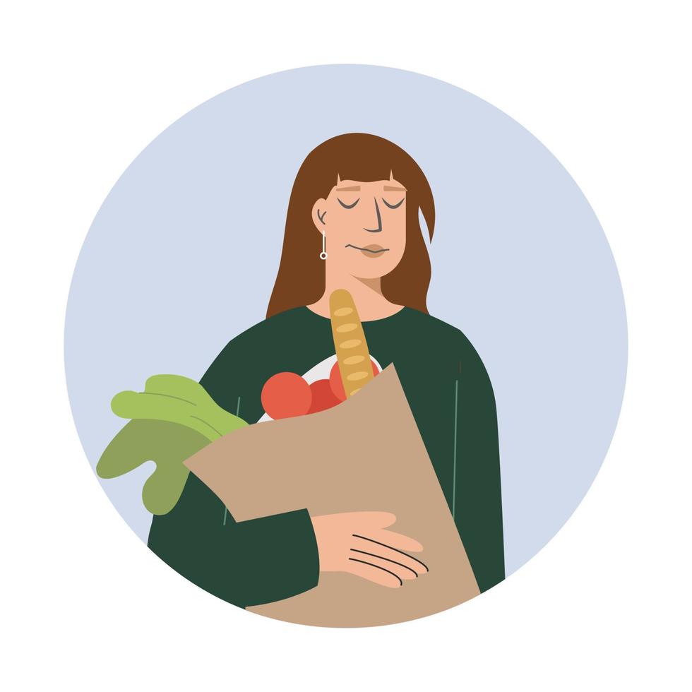 una mujer sostiene una bolsa de comida en sus manos. compras. iconos redondos aislados o avatares. ilustración vectorial en estilo plano vector
