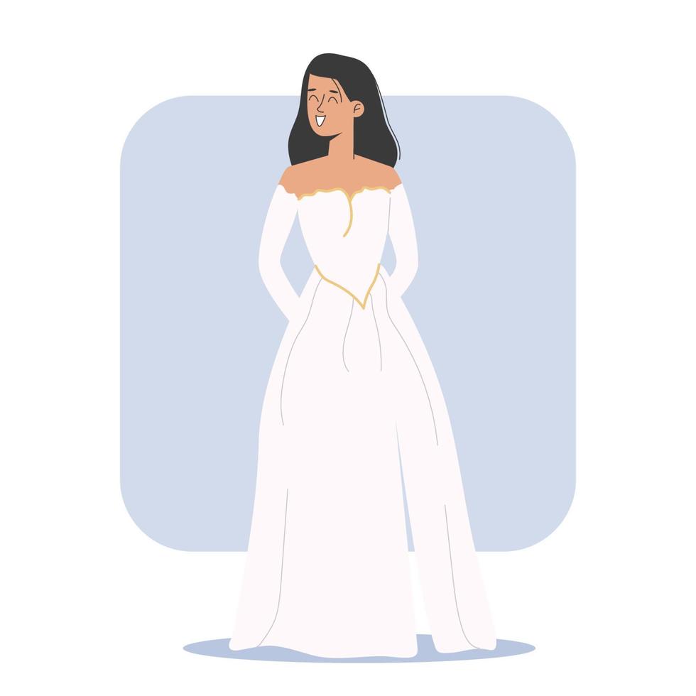 adorable chica modelo en vestido de novia posando. ilustración vectorial en estilo plano vector