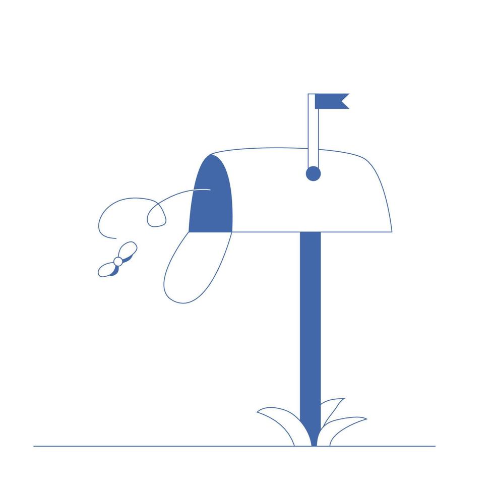 Illustration of an open empty mailbox with a fly flying out of it. Vector illustration in outline style