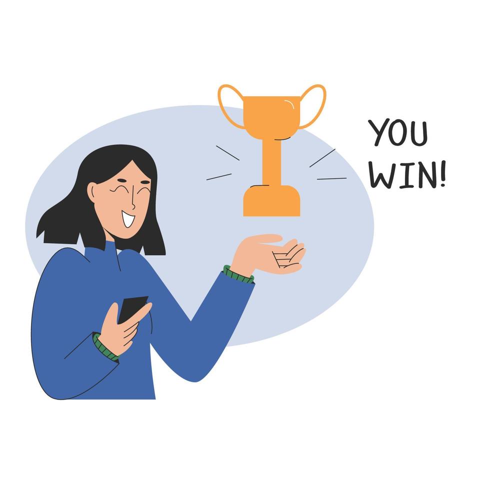 Happy young woman announces victory. You win quote with trophy cup. Vector illustration in flat style