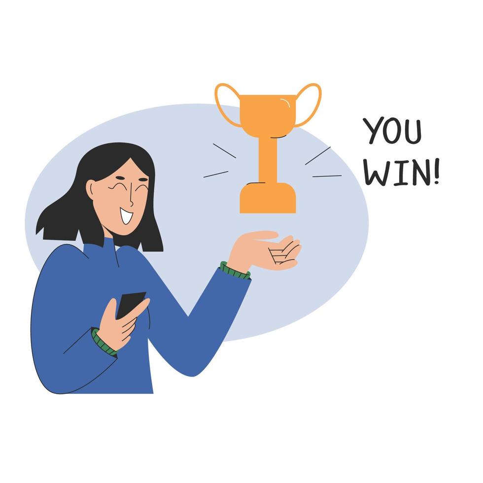 mujer joven feliz anuncia la victoria. ganas una cita con la copa de trofeo. ilustración vectorial en estilo plano vector