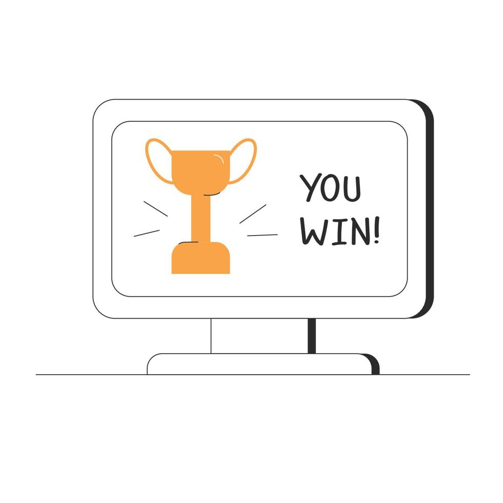 You win. A computer monitor screen with an image of a trophy cup. Concept of success. Vector illustration in outline style