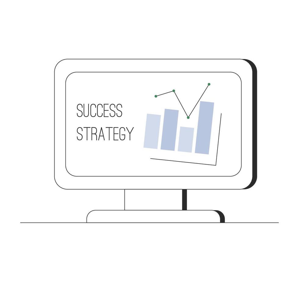 Success strategy. A computer monitor screen with Computer monitor screen with data chart image. Vector illustration in outline style