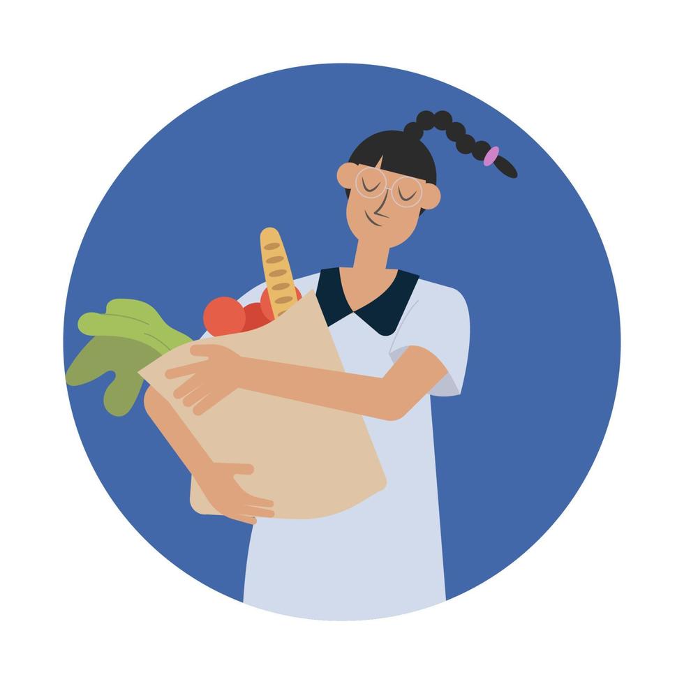 una mujer sostiene una bolsa de comida en sus manos. compras. iconos redondos aislados o avatares. ilustración vectorial en estilo plano vector