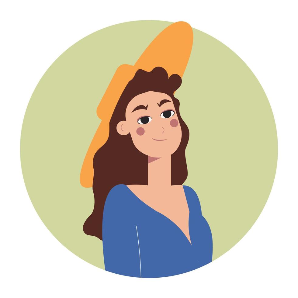 Beautiful young woman in a yellow hat  isolated round icons or avatars. Fashion concept. Model girl. Vector illustration in flat style