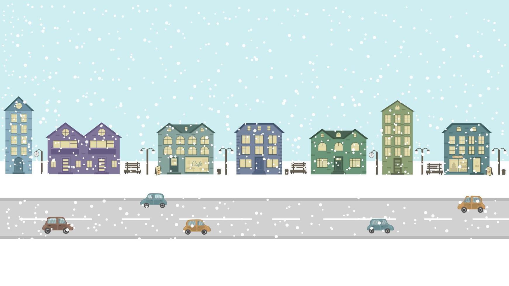Panoramic view of the street with houses and the road with cars. Winter snowy city. Illustration with buildings and urban details. People's houses and a coffee shop and a bakery between them. vector
