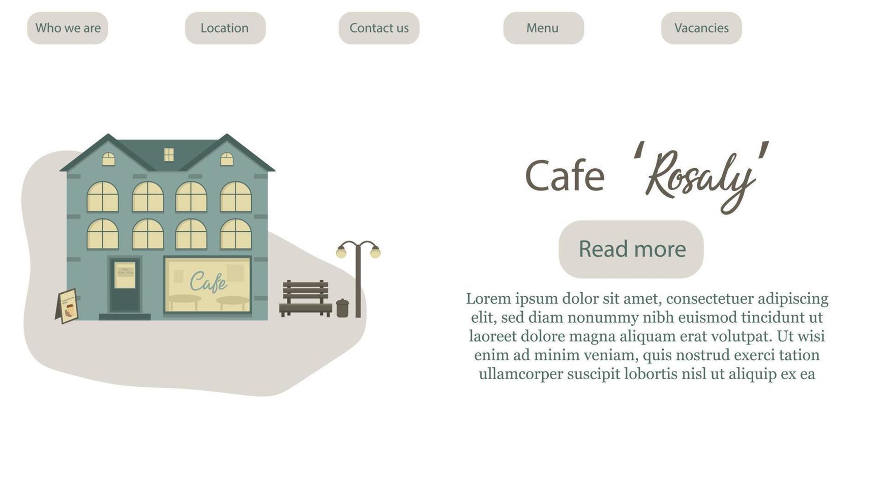 Website template for a cafe named Rosaly. Illustration of green building with a cafe on the ground floor, a bench and lanterns nearby. Three storey home. Hot drinks shop. vector