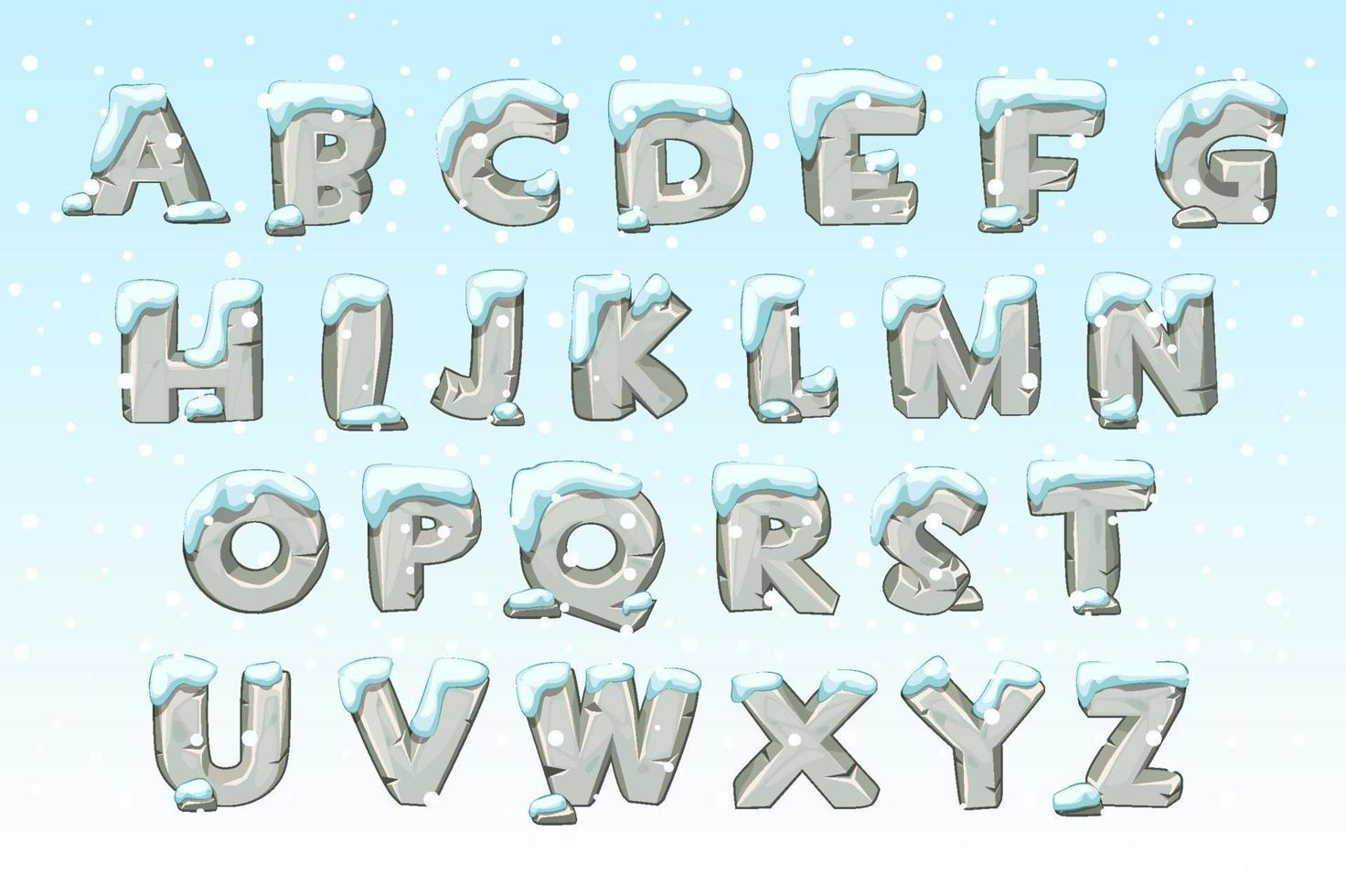 Stone alphabet set for learning with snow. Vector illustration gray letters, font from rocks for design