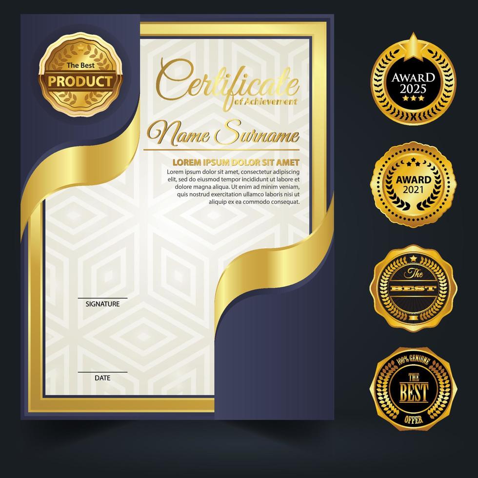 diseño de plantilla de certificado de color azul y dorado. certificado de logro con una insignia de oro vector