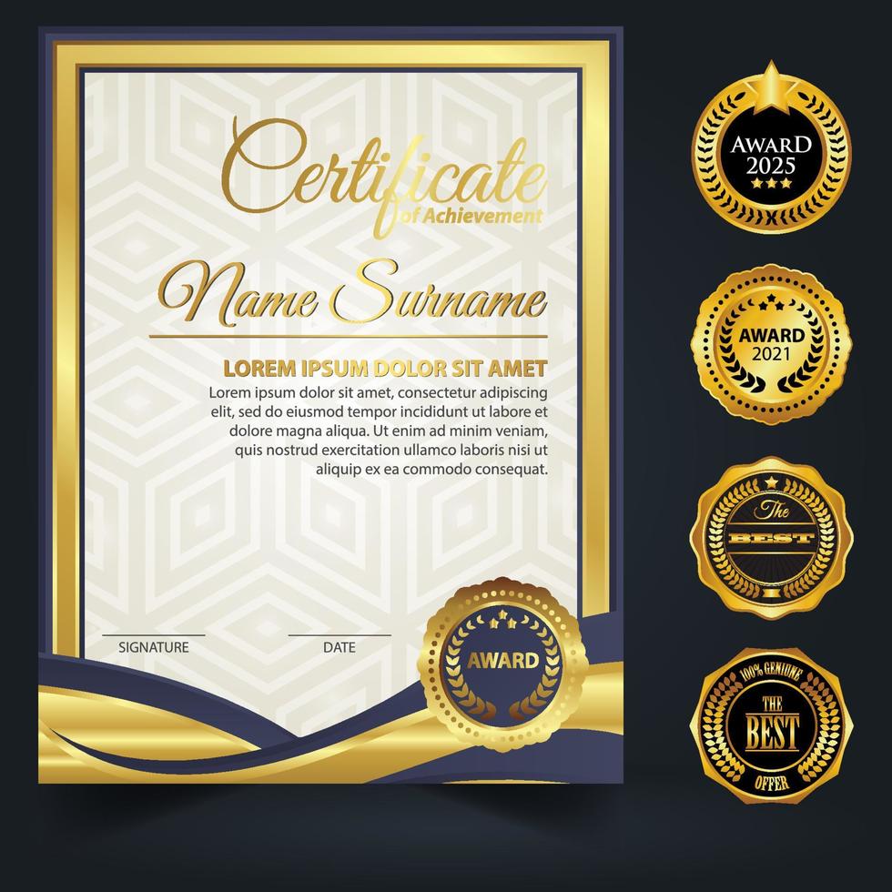 Blue and gold color certificate template design. Certificate of Achievement with a gold badge vector