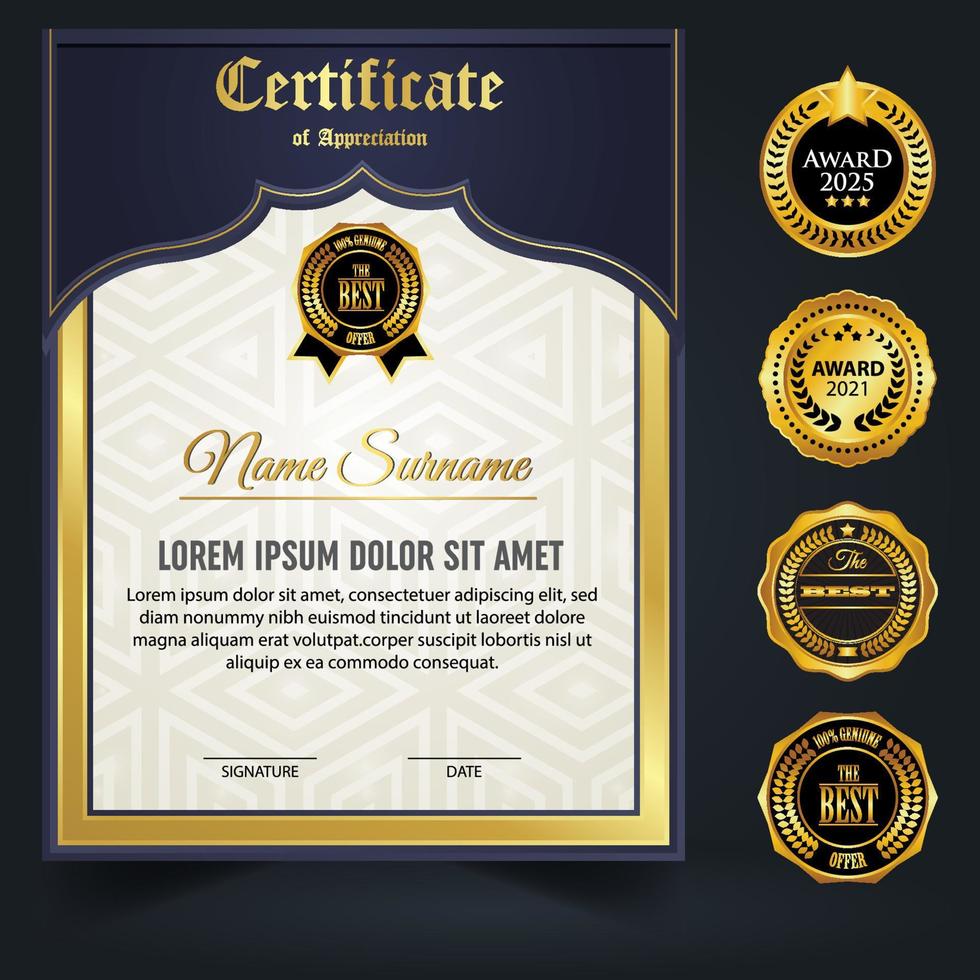 Blue and gold color certificate template design. Certificate of Achievement with a gold badge. vector