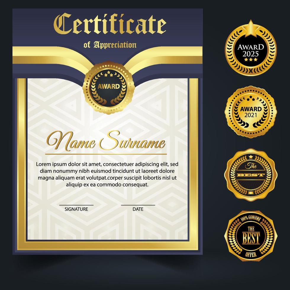 Blue and gold color certificate template design. Certificate of Achievement with a gold badge vector