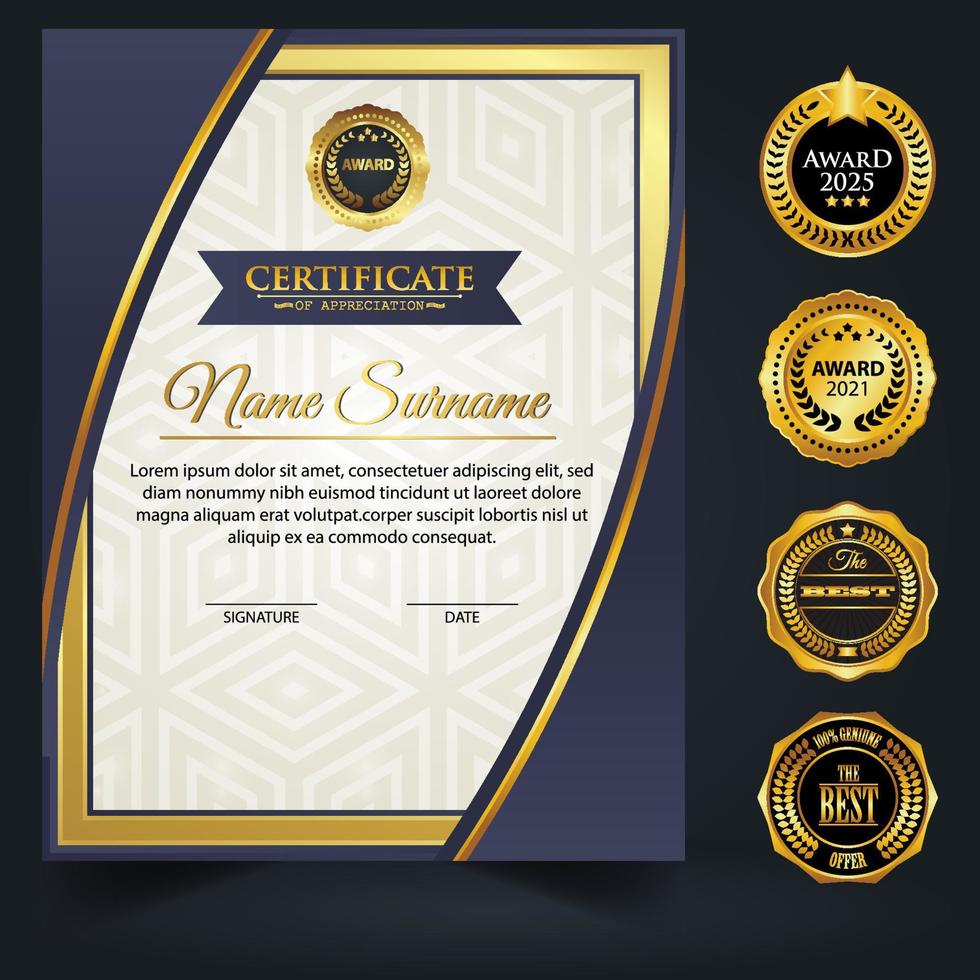 Blue and gold color certificate template design. Certificate of Achievement with a gold badge vector