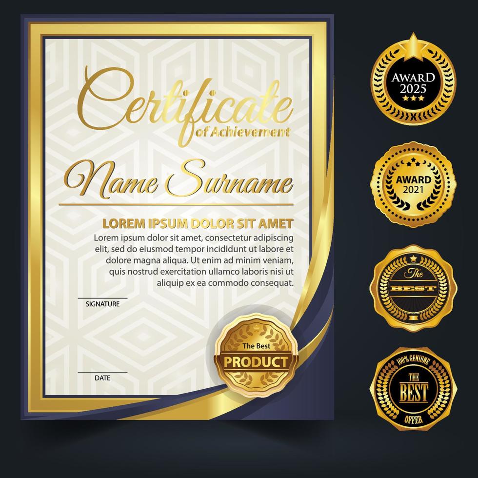 Blue and gold color certificate template design. Certificate of Achievement with a gold badge vector