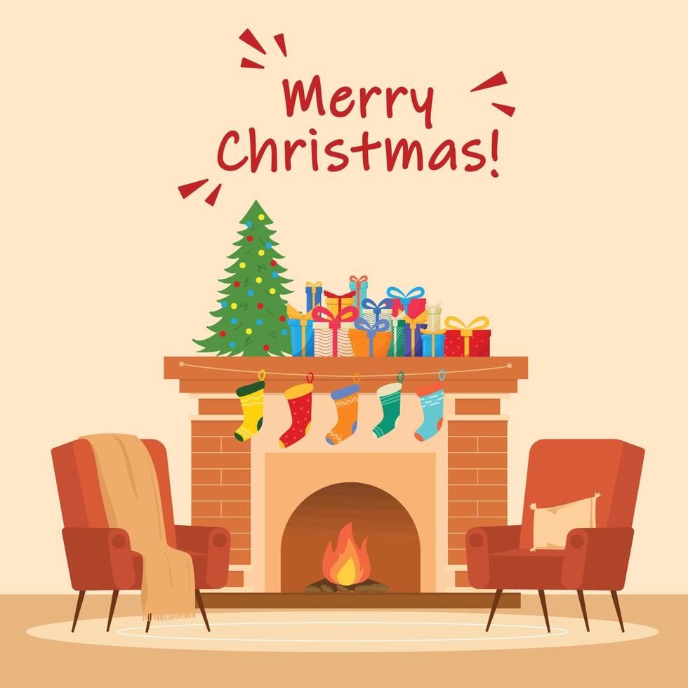 sala de estar con vista de tarjeta de navidad cuadrada con espacio de fuego con árbol de navidad y regalo y calcetines. ilustración vectorial. vector