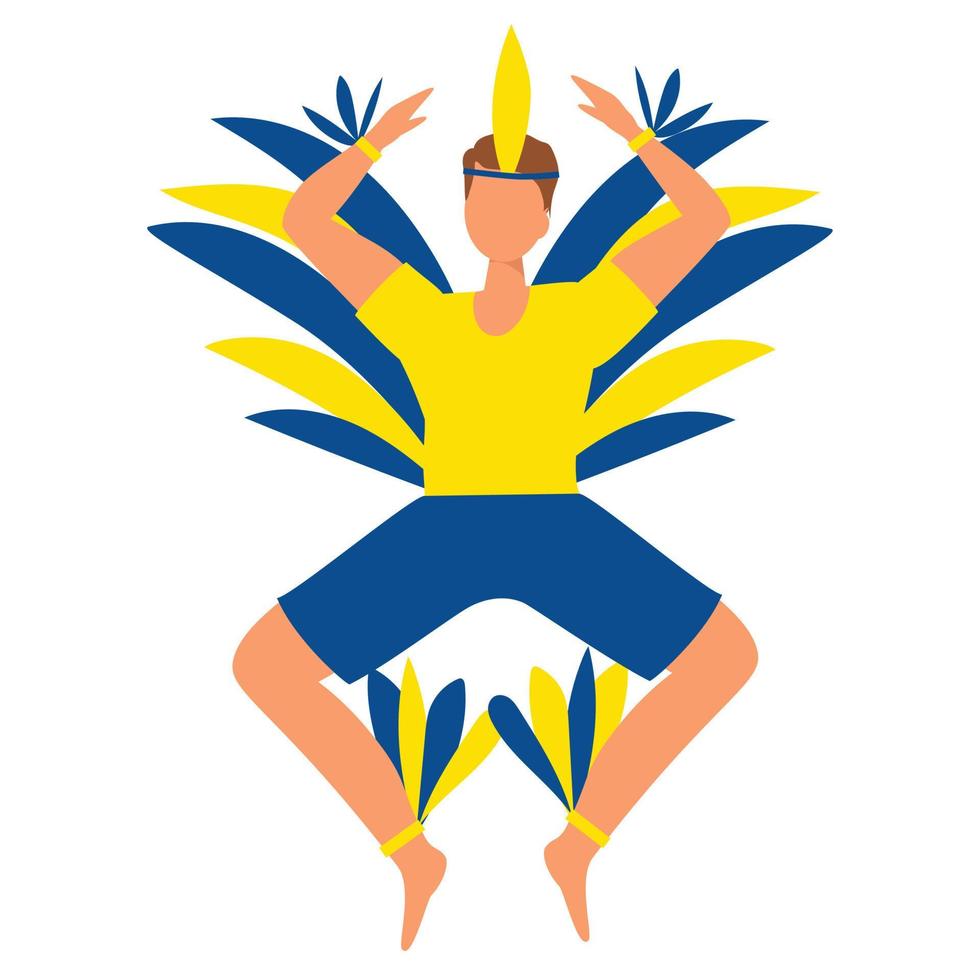 Man dancing in carnival costume with yellow and blue feathers. Vector illustration.