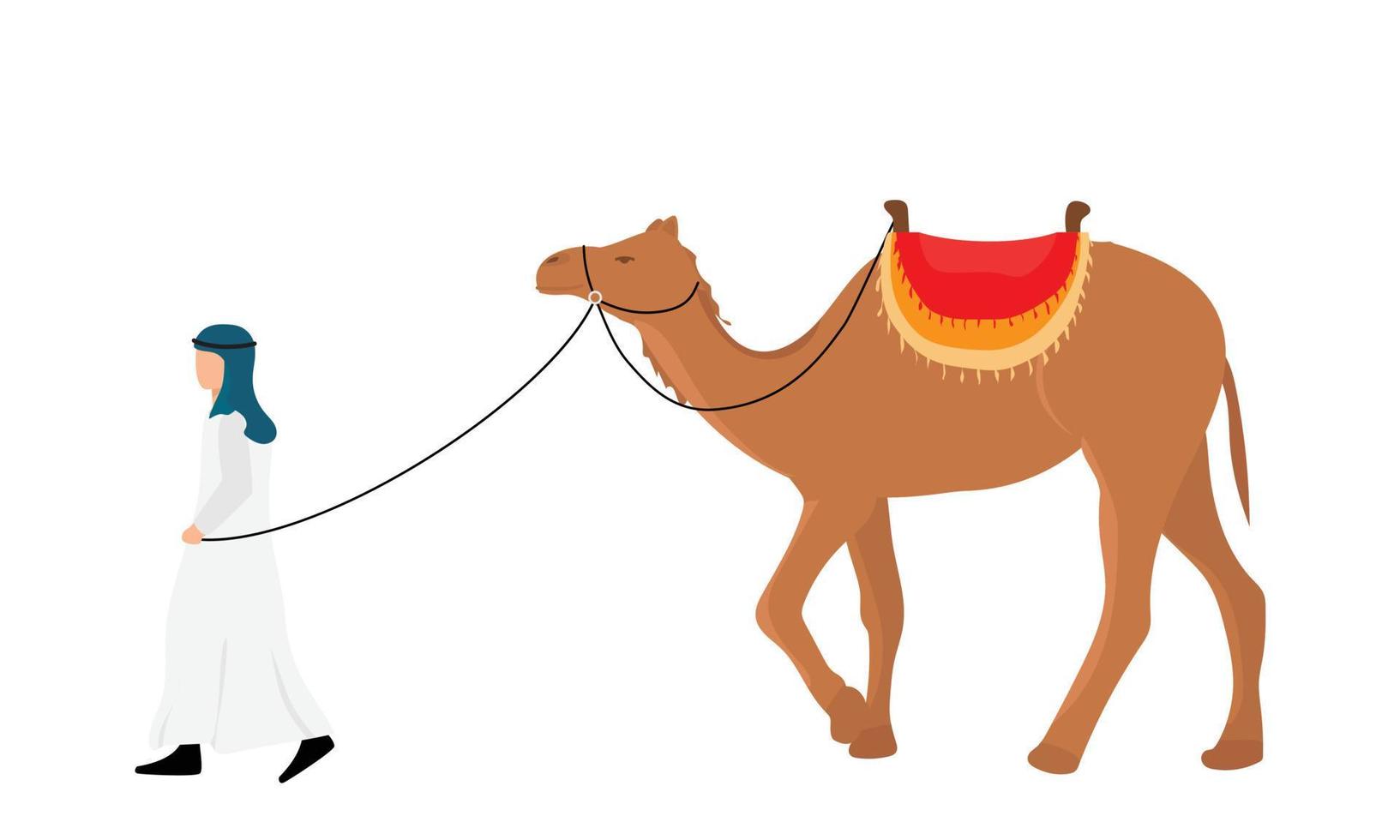 Bedouin with camel. Man is going with camel. Vector illustration.