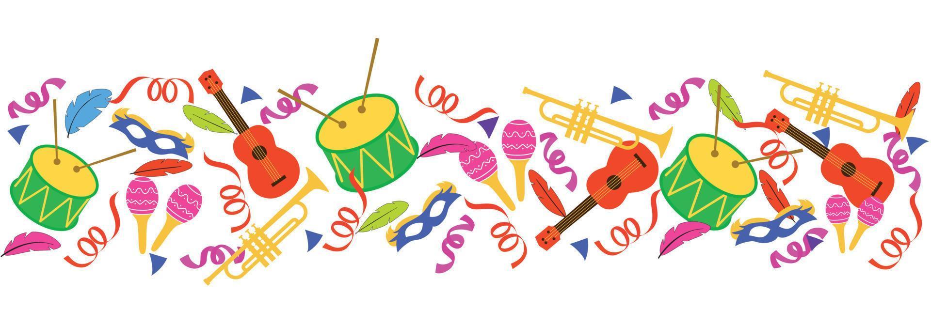 Carnival banner with carnival elements. Drum, maracas, ukulele, trumpet, mask, serpentine vector