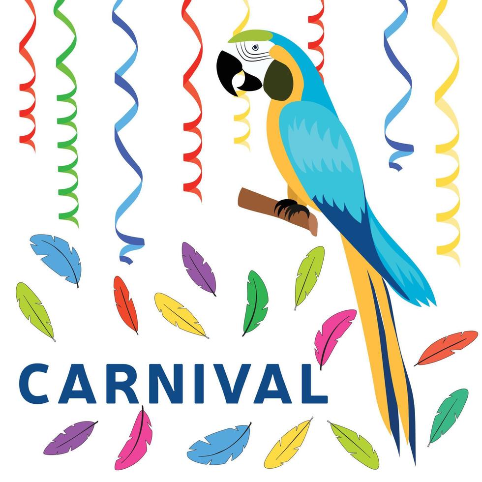 Banner with parrot for carnival with serpentine and feathers. Vector illustration.