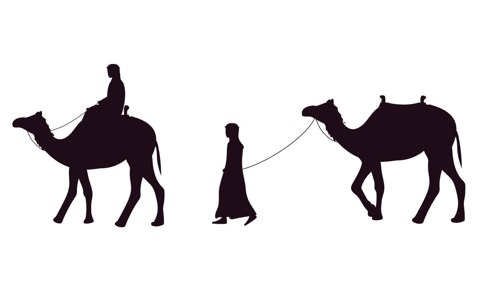 Set of silhouette camel. Man on camel, man next to camel. Vector illustration.
