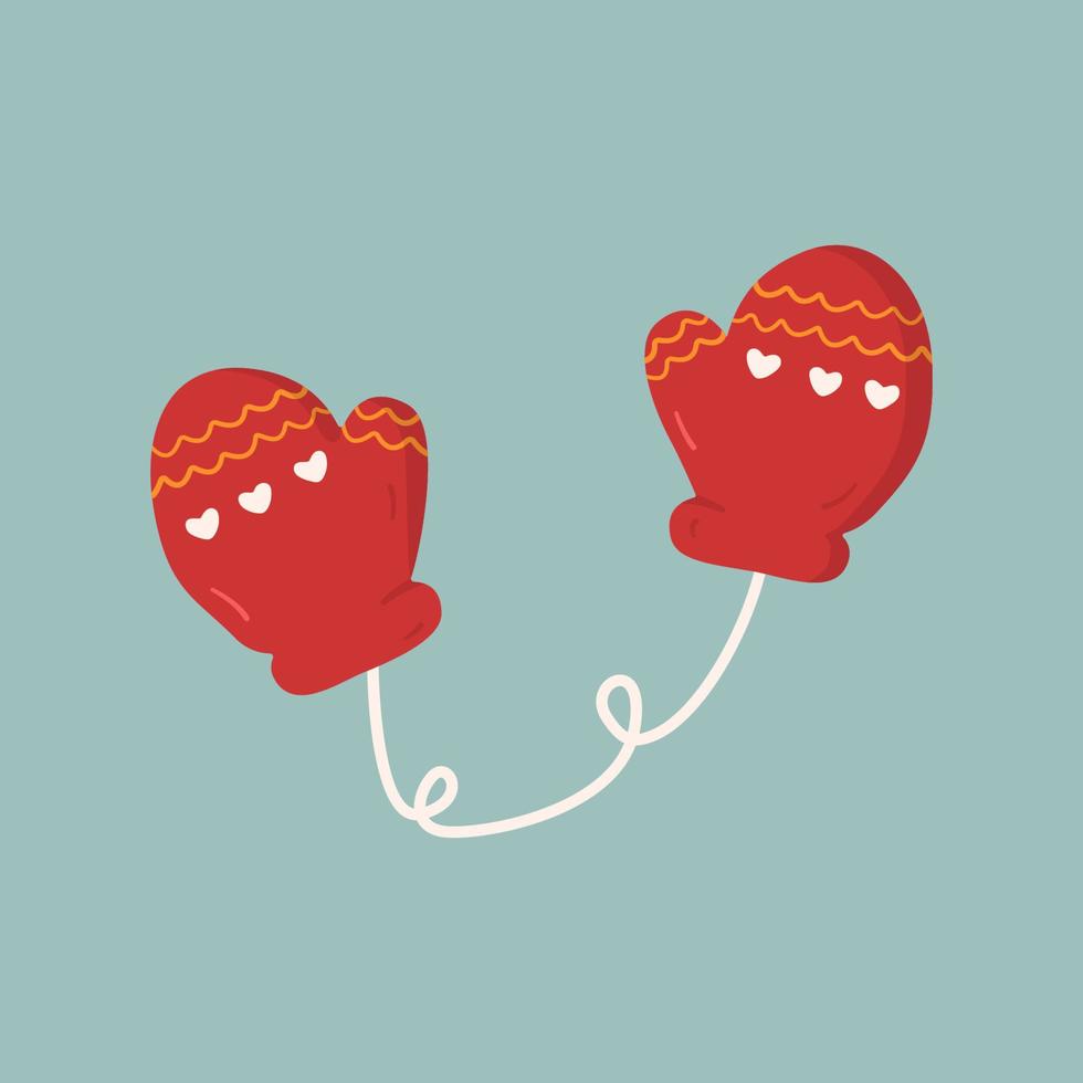 Cute mittens on a rope with hearts and pattern. Item of winter clothing in cartoon style. Vector illustration isolated on a white background
