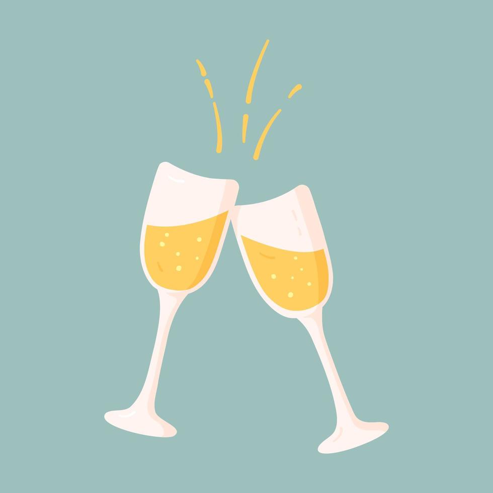 Two glasses of champagne with bubbles in cartoon style. Toast and cheers. Vector illustration isolated on white background