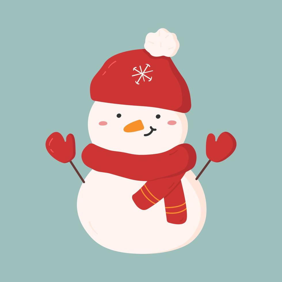 Smiling cute snowman with scarf, mittens and hat. Christmas character in cartoon style. Vector illustration isolated on white background