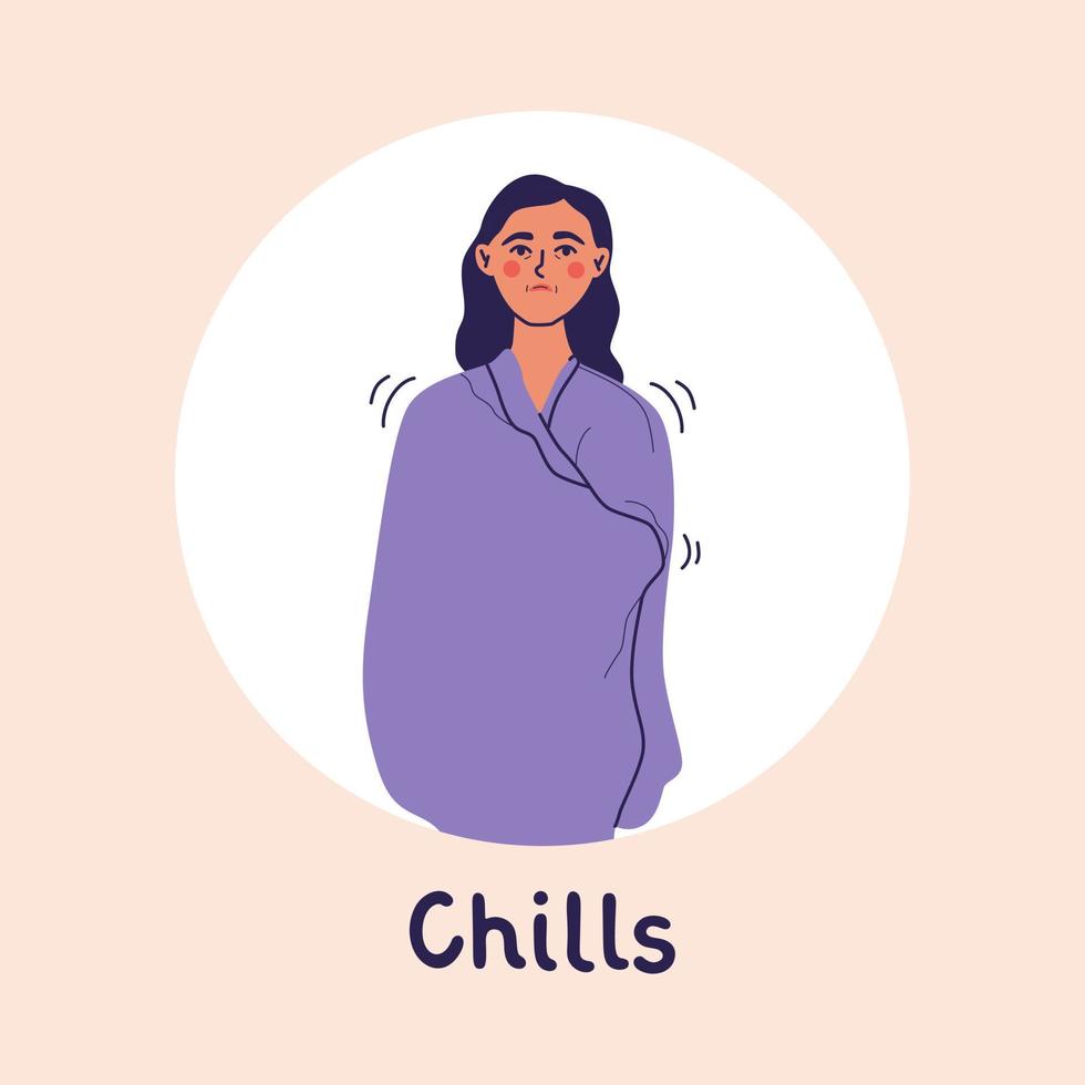 Unhappy sick woman covered with blanket, feeling cold, shivering and freezing. Female with a chill. Fever temperature, flu concept vector