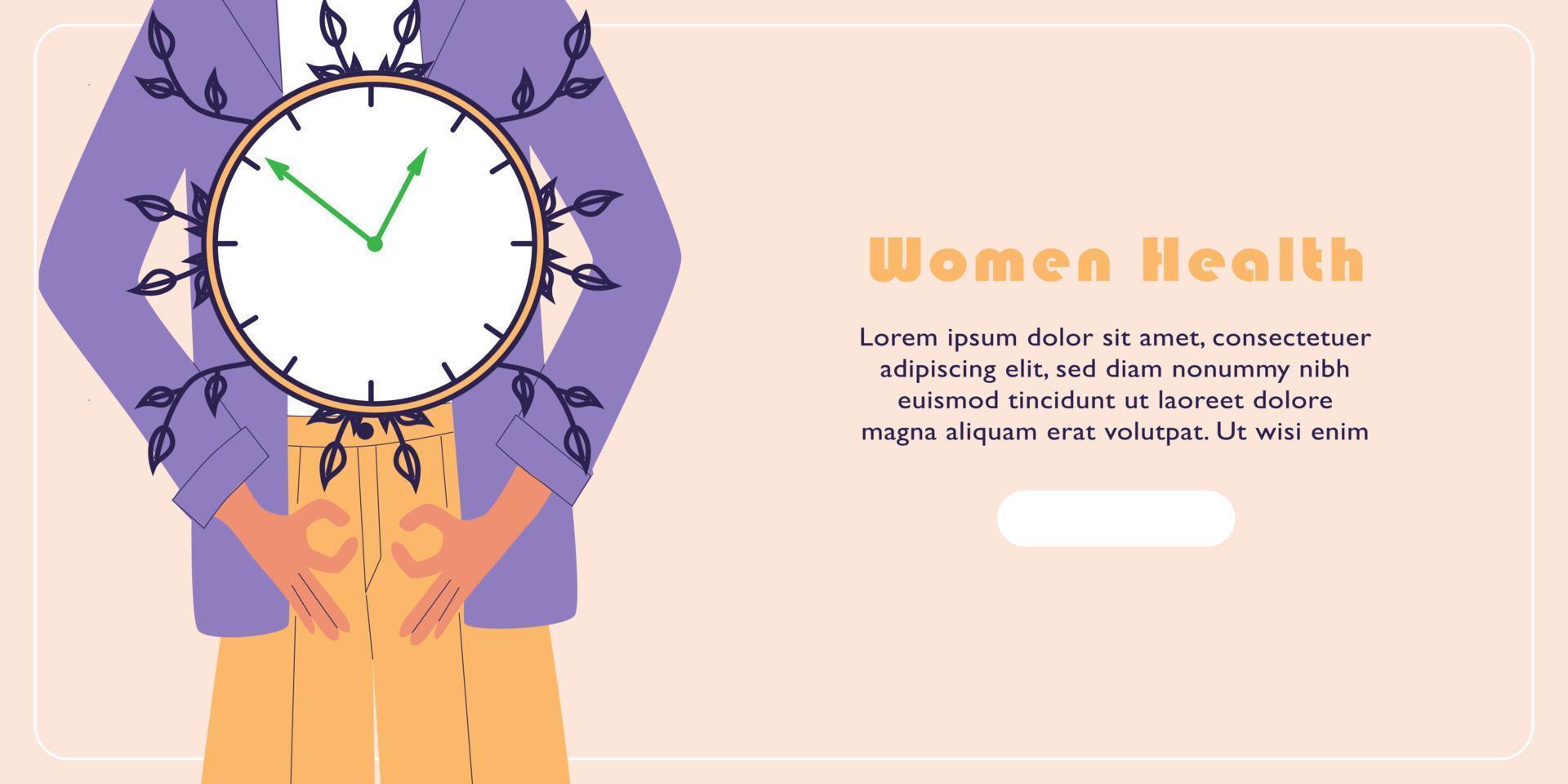 Women health banner. Clock hands show chek mark, woman hold hands symbolizin female genital organs. vector