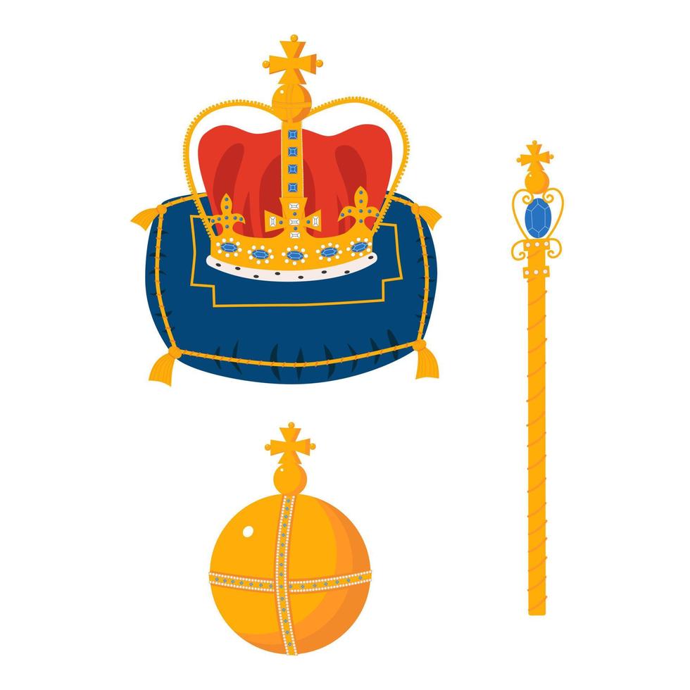 Crown on the ceremonial pillow, globus cruciger, scepter cartoon vector illustration. Royal gold jewelry. King, queen monarchy imperial symbol