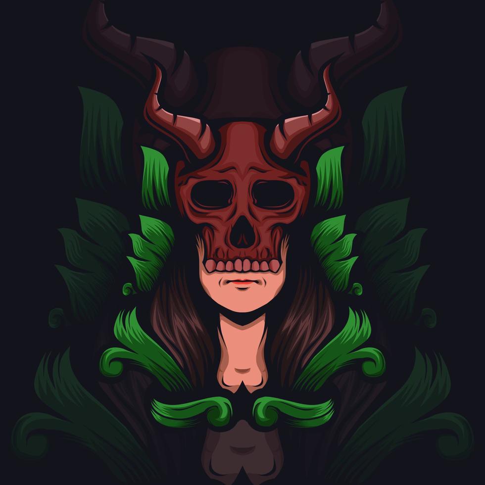 woman with red skull mask with horns and ornaments vector