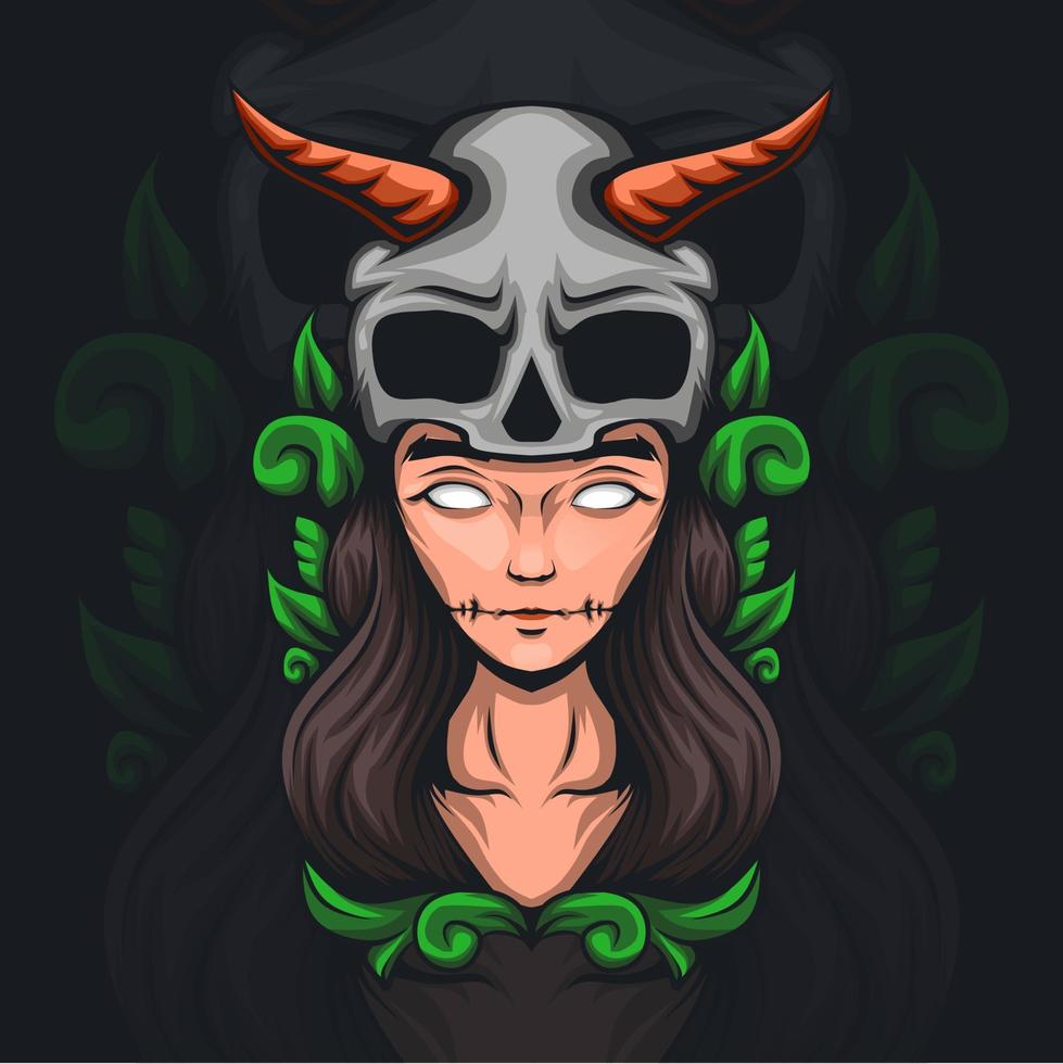 illustration of a woman in a skull helmet with a leaf ornament vector