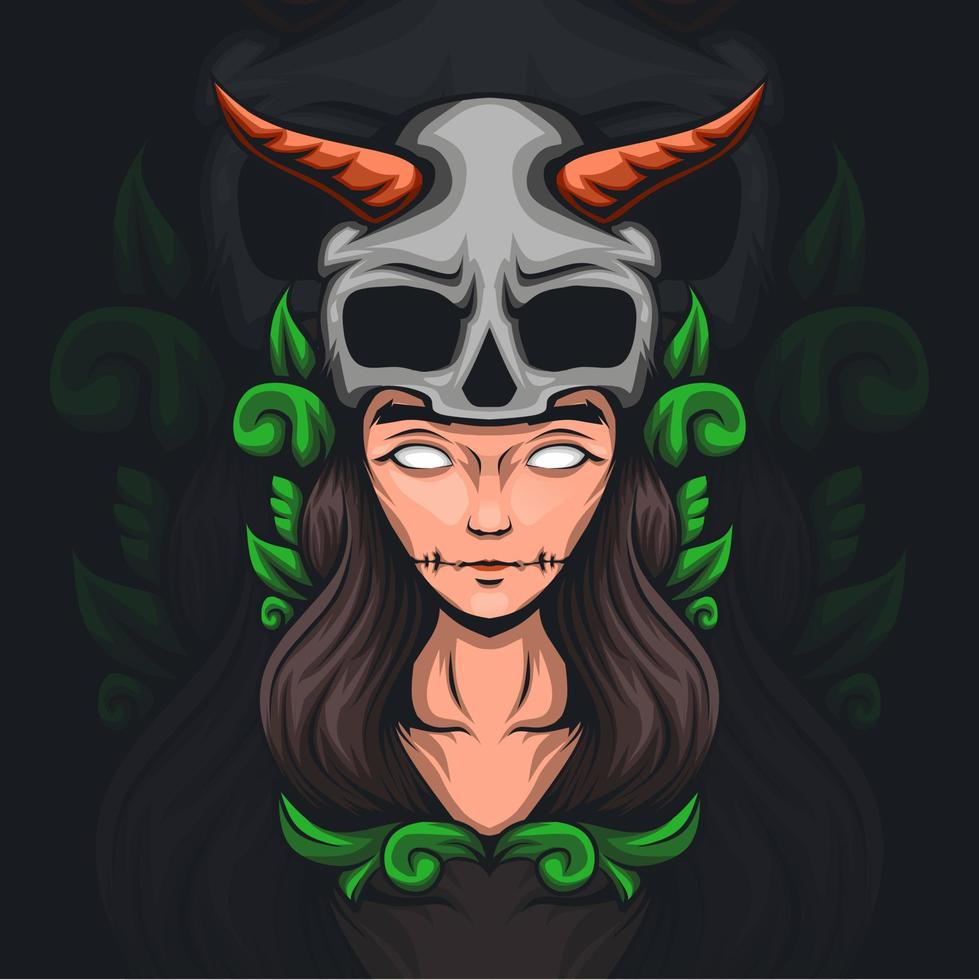 ilustración de una mujer en un casco de calavera con un adorno de hoja vector