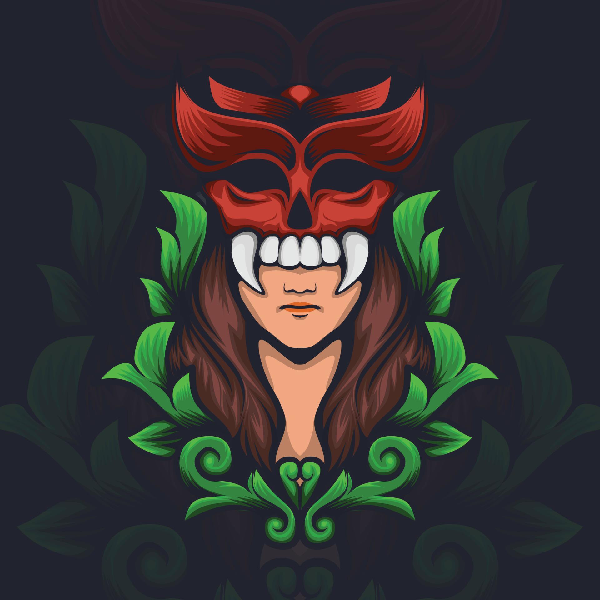 illustration of a women with a demon mask and leaf ornaments 14494397