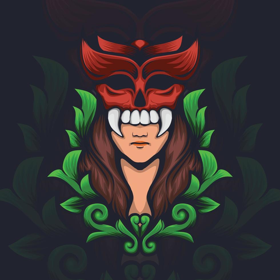 illustration of a women with a demon mask and leaf ornaments vector