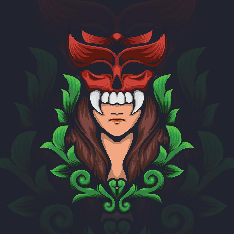 illustration of a women with a demon mask and leaf ornaments vector