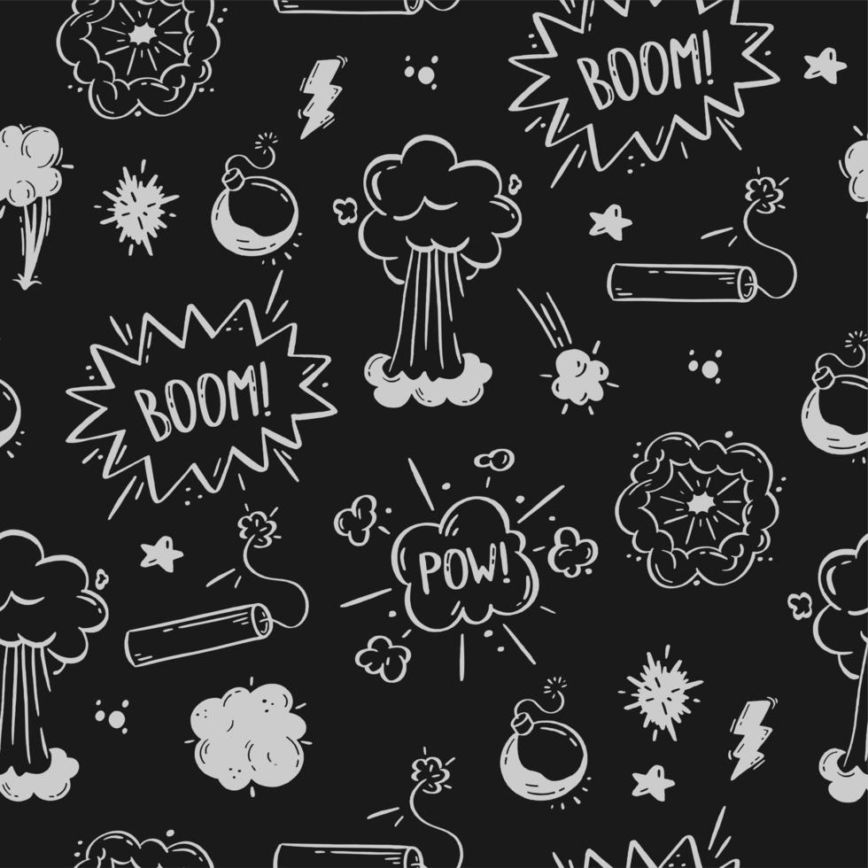 Pattern cosmic explosion and bombs. Speech bubbles with the words boom, boom, bang. Vector illustration of doodles