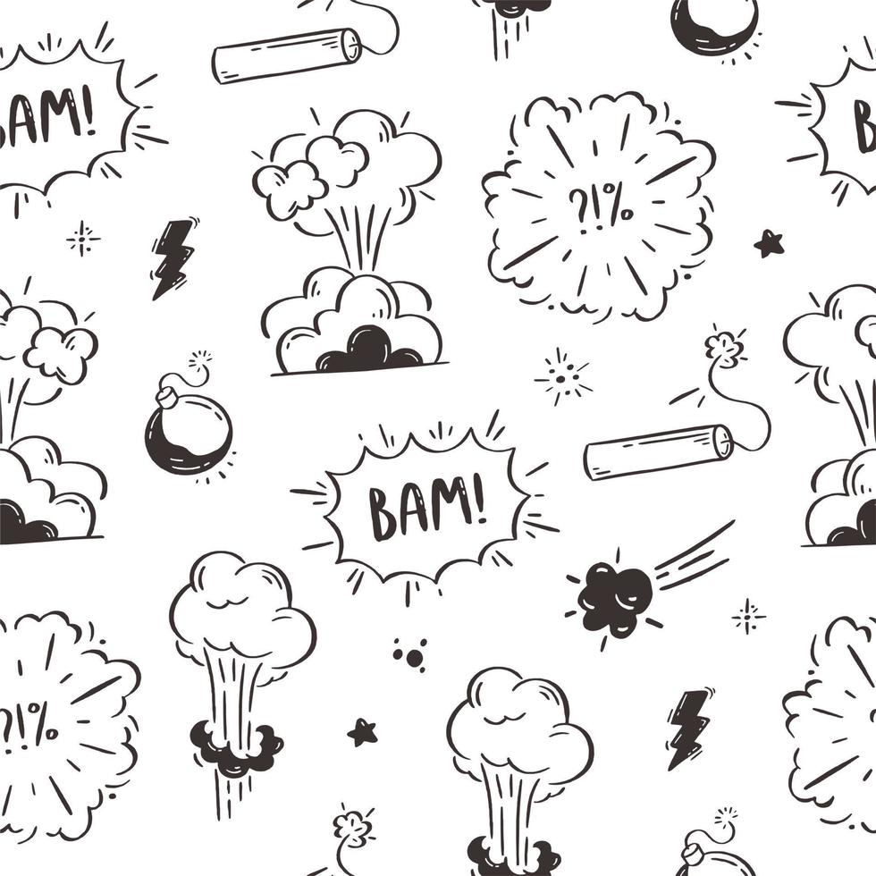 Pattern cosmic explosion and bombs. Speech bubbles with the words boom, boom, bang. Vector illustration of doodles