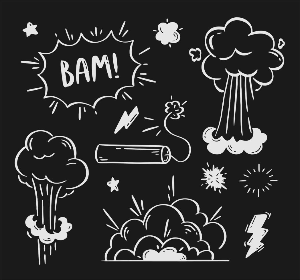 Comic explosions and bombs set. Speech bubbles with the words bom, boom, pow. Vector doodle illustration