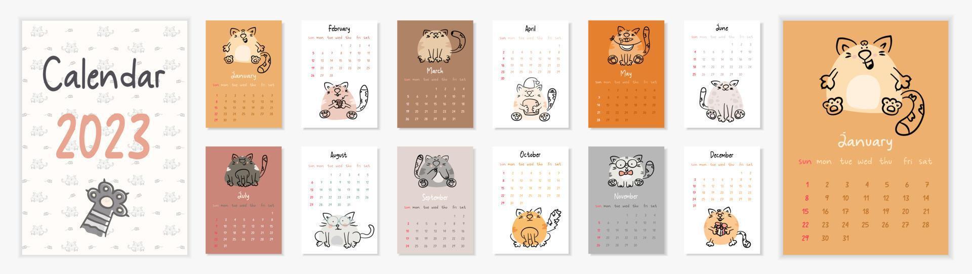 Vertical vector calendar 2023 with hand drawn cartoon cats.  Illustrated cover and 12 months pages with funny pets.  Week starts on Sunday. For size A4,A5,A3.