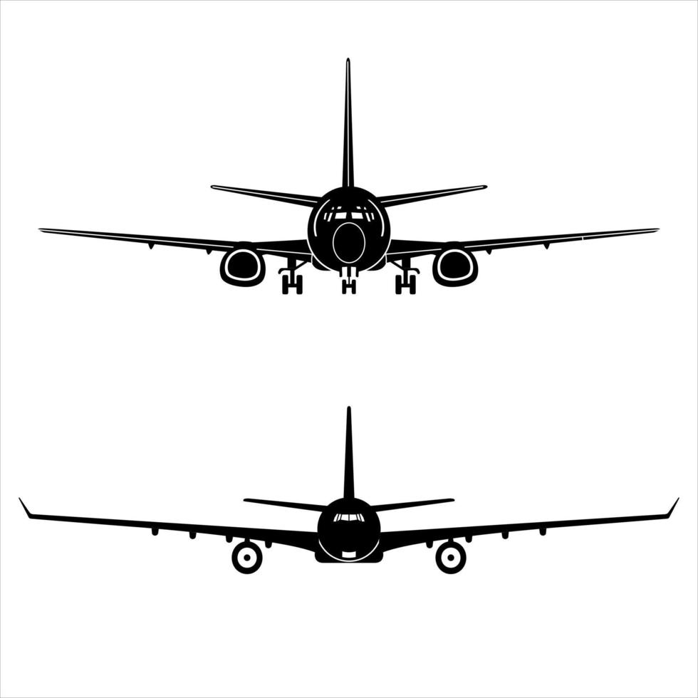 Passanger plane vector silhouettes. Airplane shape. Black color on isolated white background.